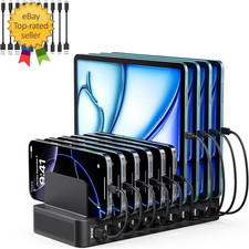 USB C Charging Station for Multiple Devices, 10-Port 100W Charging Dock, with Ad