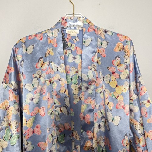 Vintage 90's Blue Satin Butterfly Pattern Tie Waist Robe Pastel Long Sleeve M - Picture 6 of 9