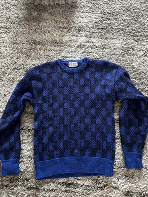 Vintage Pringle of Scotland 100% Wool Blue Black  Check crewneck Sweater Men s M