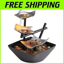 Zen-Inspired Tabletop Fountain with Natural River Rocks & Lighted Design - 8.25"