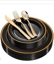 125Pieces Black Plates Disposable with Gold Rim  Disposable Gold Plastic Sil...