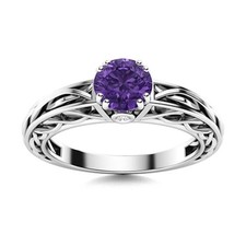 Round Amethyst Gemstone Birthday Trendy Solitaire Ring Jewelry 925 Silver