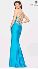 NWT Faviana Long Formal Prom Corset Gown Low Back Train Sea Blue Size 8 328