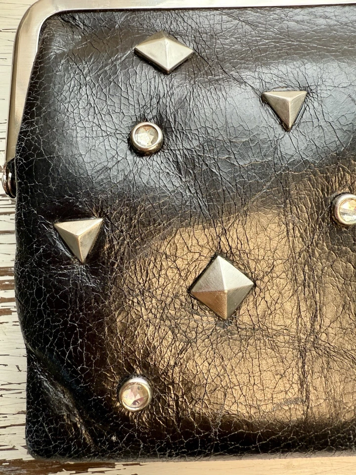 HOBO INTERNATIONAL Wallet Clutch Double Kisslock Punk Metal Studs Black Leather - Image 2 of 4