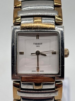 Tissot Swiss Made Uhr zweifarbig weißes quadratisches Zifferblatt funktionsfähig neue Batterie -