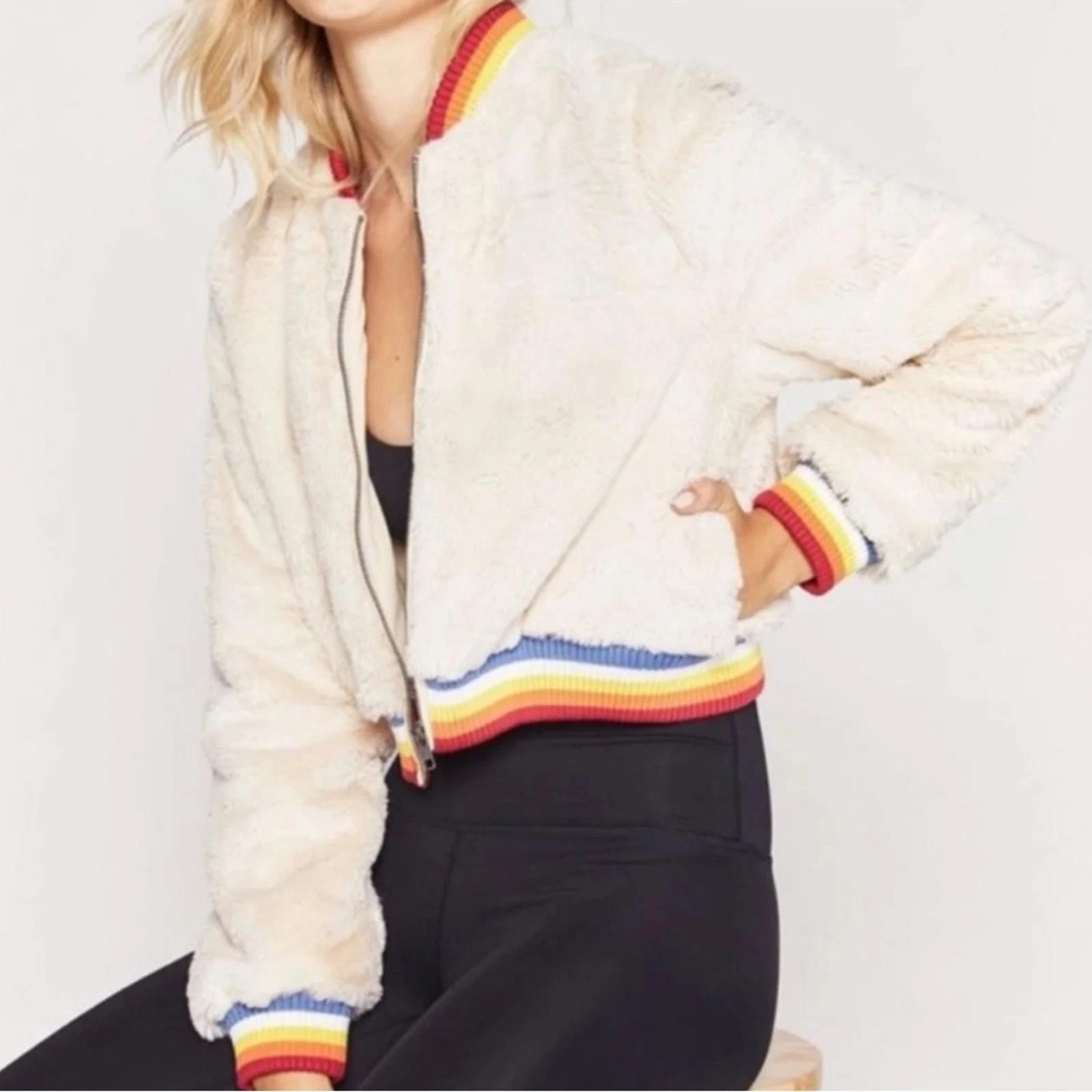 OFF WHITE Giacca Bomber Spiritual Gangster Panna Bianco Pelliccia Ecopelliccia Media Apres Ski Teddy