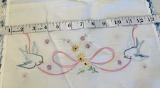 vintage, hand-embroidered table runner or dresser scarf. Birds Bows Flowers