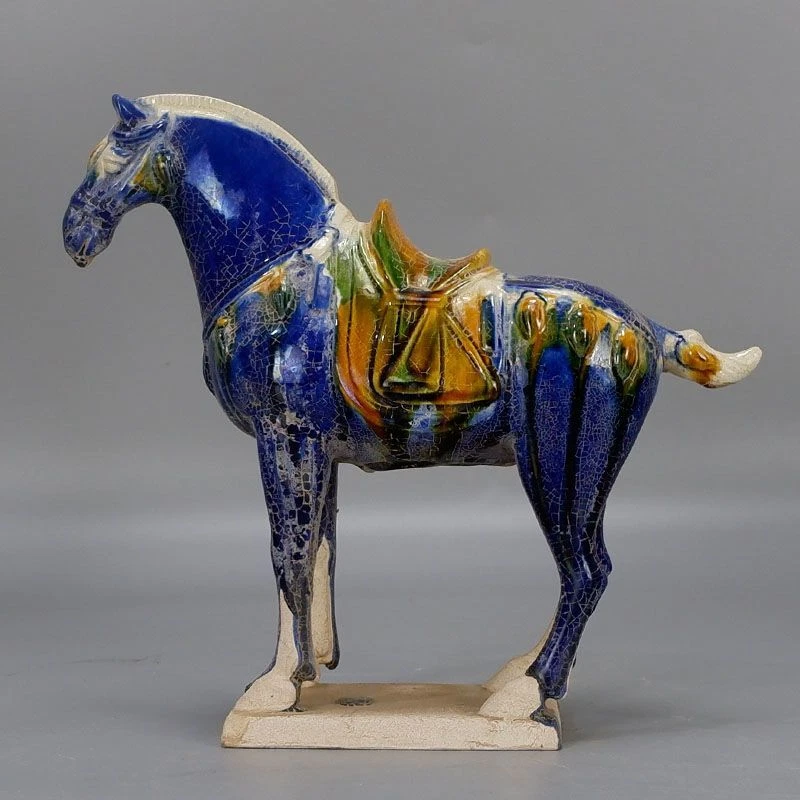 9" Chino Tang Tri-Color Esmaltado Cerámica Azul Caballo de Guerra Porcelana Estatua Regalo Foto 2 de 4