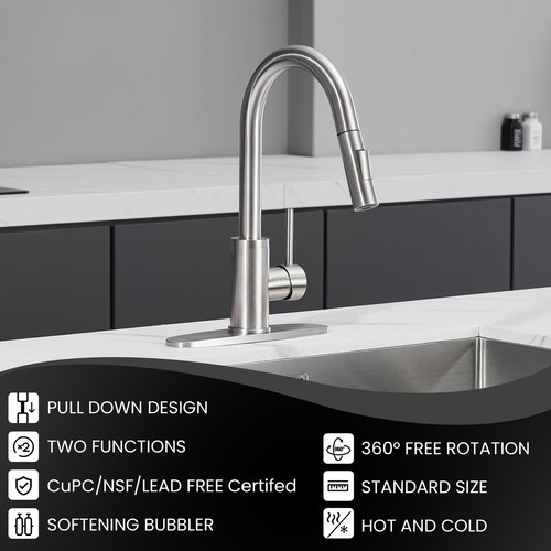 KPW Kitchen Sink Faucet with Sprayer Brushed Nickel Pull Down Kitchen Faucet ... - Picture 3 of 7