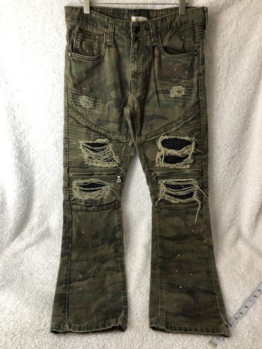Slim Fit Camo Jeans Moto Distressed 