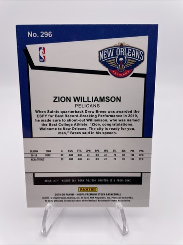 2019 NBA Hoops Premium Stock Tribute Silver Prizm Zion Williamson #296 Rookie RC - Bild 2 von 2