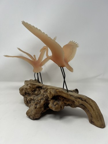 Pink Flamingo Trio Sculpture by John Perry Statue Taking off on Burlwood - Picture 7 of 19