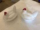 VTG 2 WESTMORELAND WHITE MILK GLASS RED COMB HEN ON NEST SPLIT TAIL TURNED HEAD
