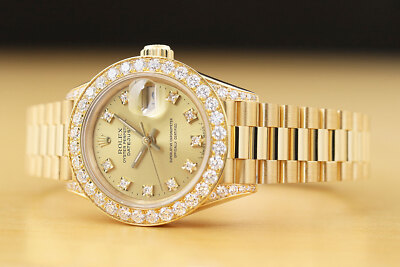 ROLEX LADIES 18K GOLD CHAMPAGNE FACTORY PAVE DIAMOND RUBY PRESIDENT WATCH PAPER P69178MOPRB__09870.1759957426.  main image 4