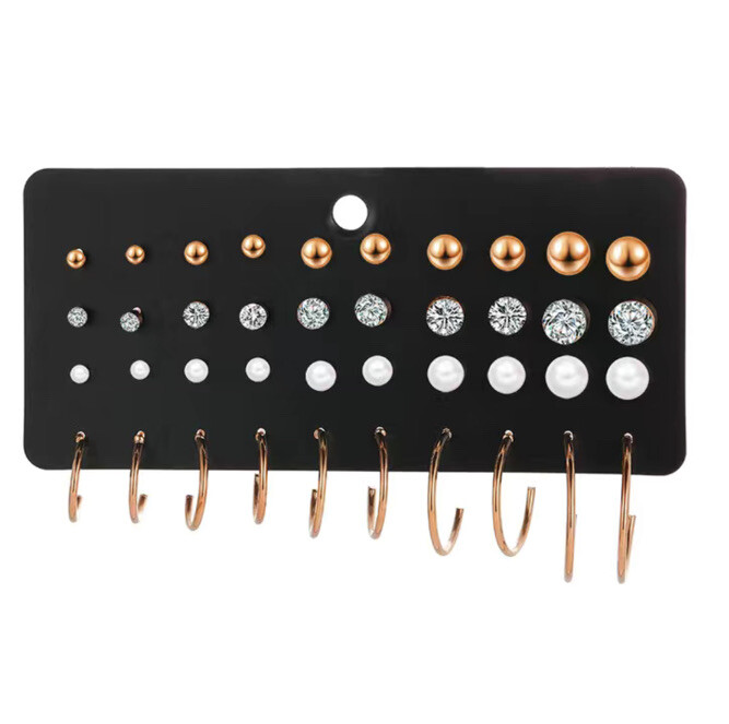 20-Piece Rose Gold Pearl & Rhinestone Earring Set - Hoops & Studs-image