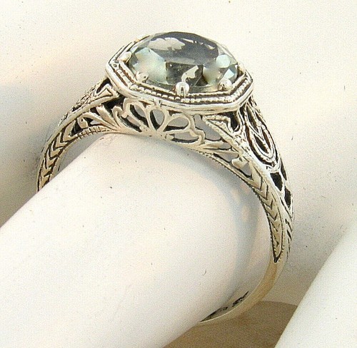 GENUINE GREEN AMETHYST 925 STERLING SILVER ANTIQUE STYLE FILIGREE RING 858X - Picture 2 of 4