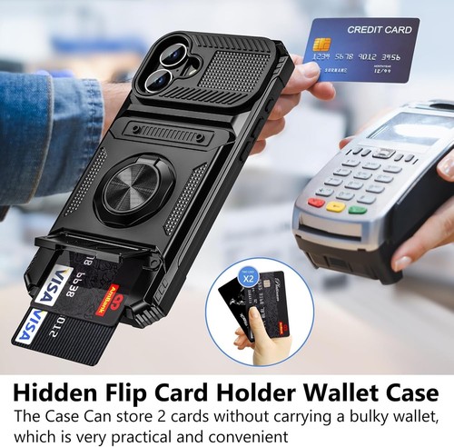For iPhone 16 Plus Case with Card Holder Ring Kickstand Shockproof Wallet Case - Zdjęcie 3 z 7