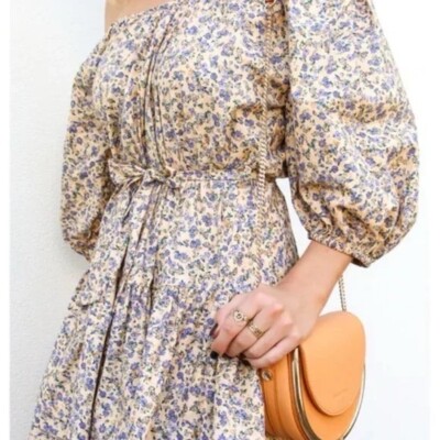 Alemais Blossom Cotton Mini Dress Floral Puffy Sleeves Nude Peach Ditsy AU 12 L