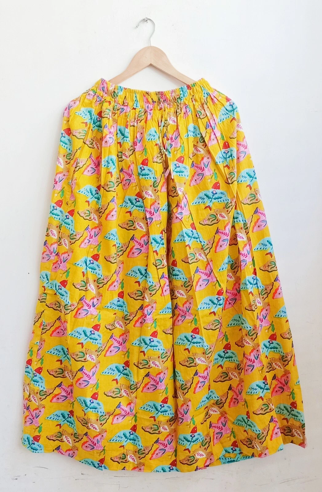 Indian Yellow Airplane Bird Floral Skirt Cotton Long Skirt Free Size Beach wear