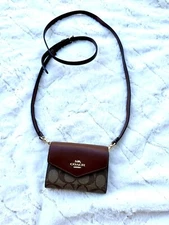 COACH CU172 Mini Envelope Wallet Crossbody Strap Signature Canvas &Leather Khaki