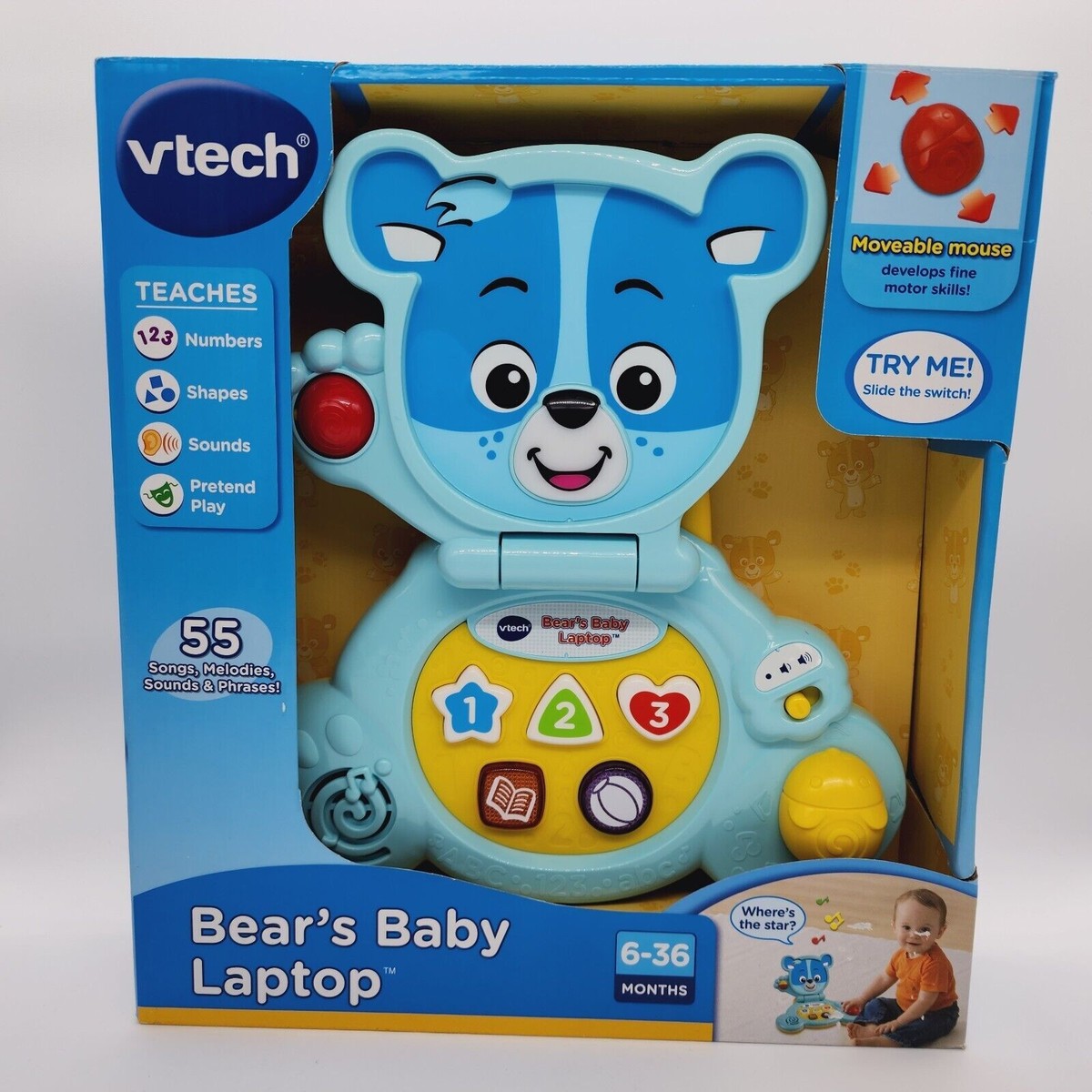 VTech Bear's Baby Laptop Blue Numbers Shapes Sounds Songs Learning 6-36  Months