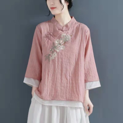 Chemisier Traditionnel Chinois Hanfu Femme - Manches 3/4, Coton/lin, Taille Unique