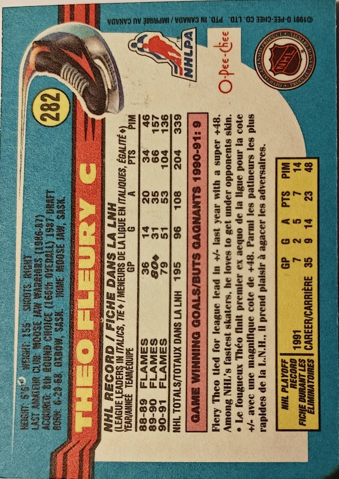 Tarjeta O-PEE-CHEE THEO FLEURY CALGARY FLAMES 1991-1992 #282 COMO NUEVA EXTRACCIÓN FRESCA Foto 2 de 3