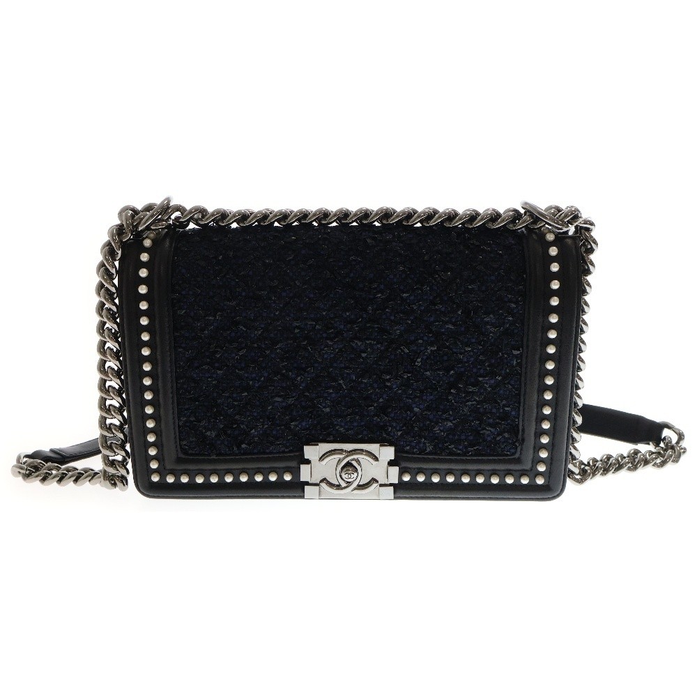CHANEL Boy Shoulder Bag in Black Navy Tweed with Pearl Accents Leather Trim Serial Seal