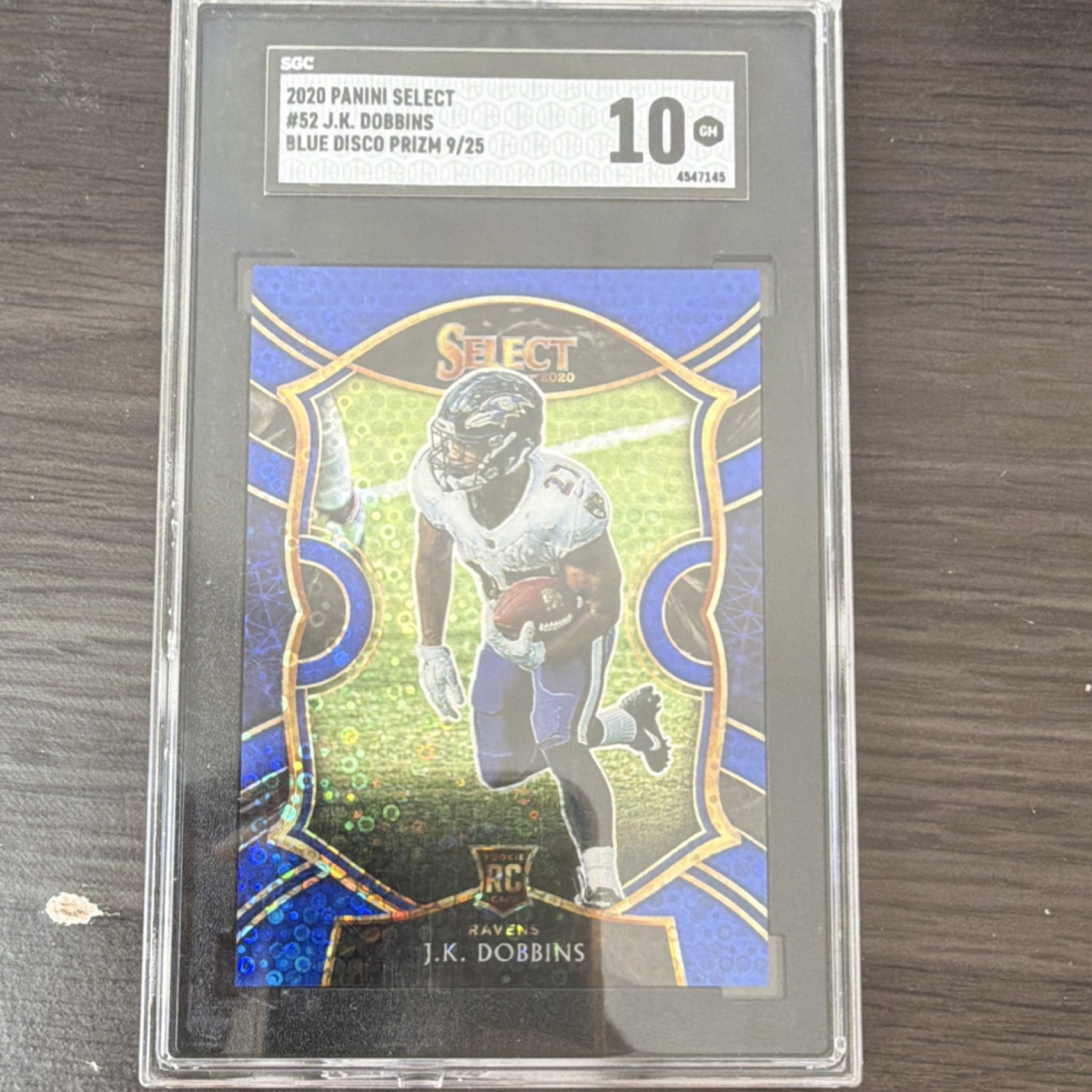 2020 Panini Select J.K. Dobbins #52 Blue Disco Prizm SGC 10/25 Ravens Rookie