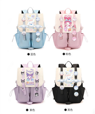 Kuromi My Melody Cinnamoroll Cartoon Nylon Backpack Kids Schoolbag w/Badge Card