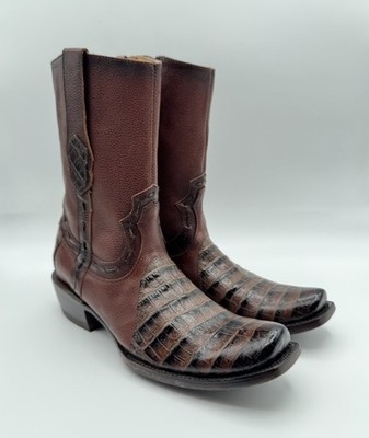 Reywelt Handmade Western Boots Mens 8D Brown Leather Caiman Print Square Toe Zip