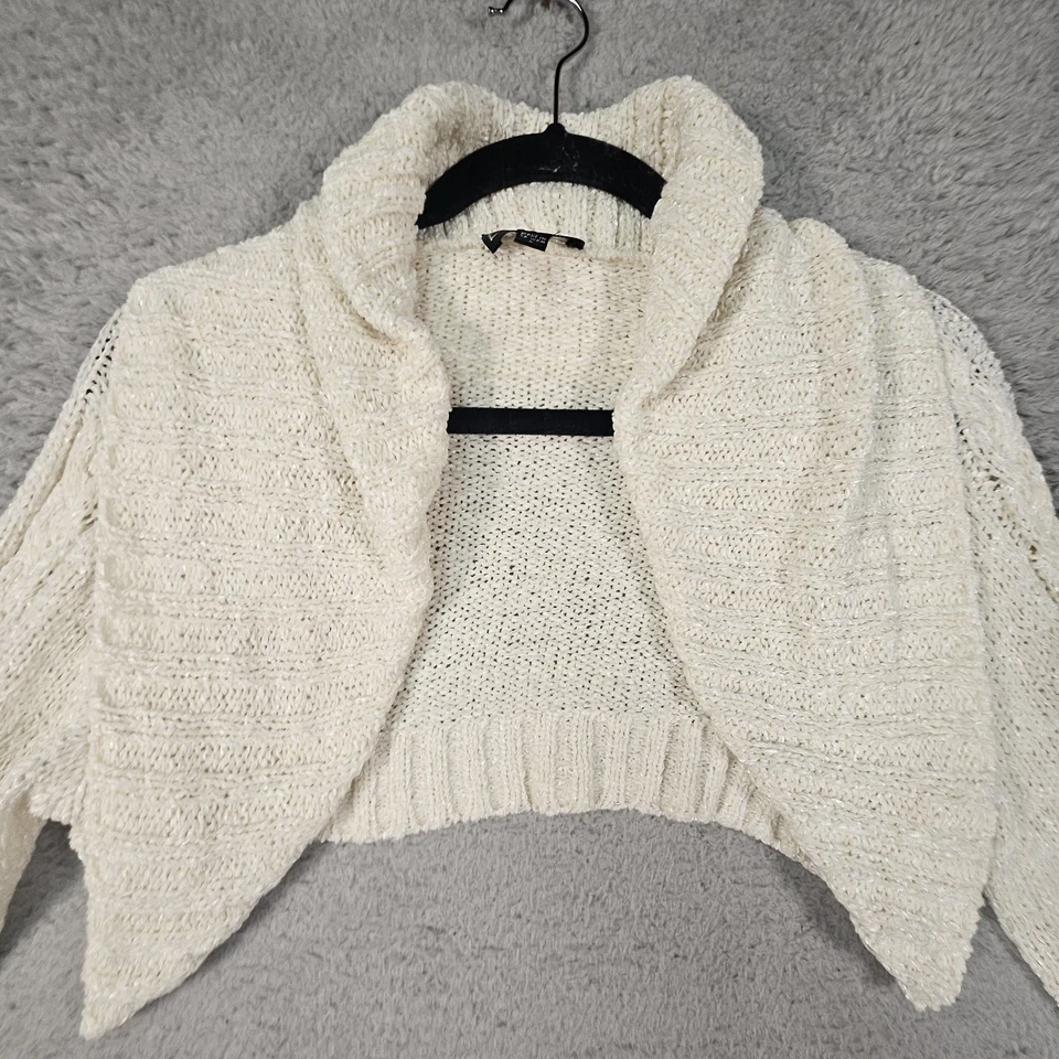 Bebe Shrug Cropped Cardigan Womens L Ivory Ribbed Y2K 90s Club Designer Sweater - Image 3 of 4