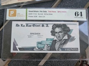 Great Britain De La Rue Giori S.A. Test Note Specimen TQG 64 Choice UNC Rare
