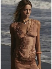 free people Lace Trim Ruched Beige Camisole Tank Top Women s Size S