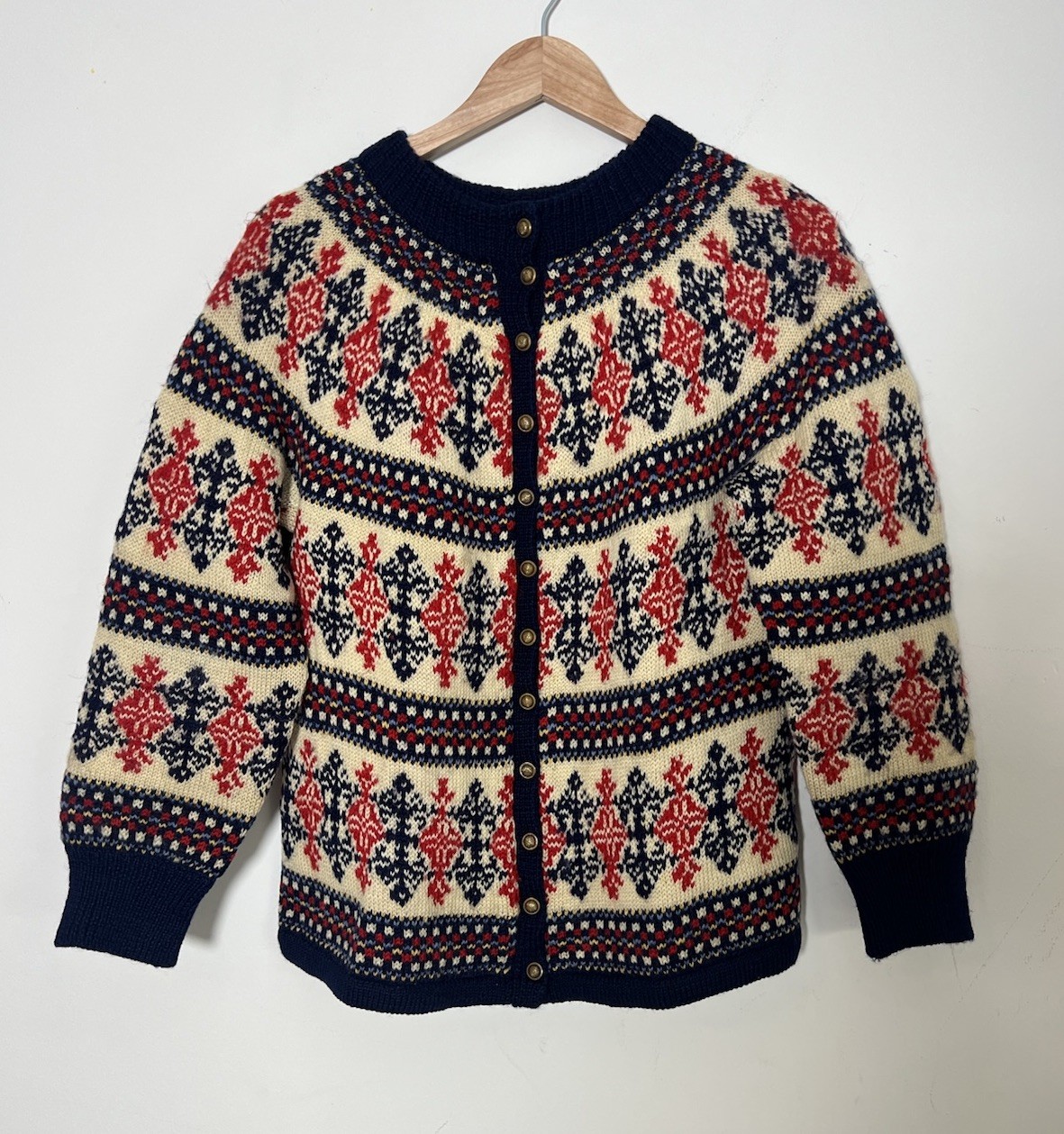 Vintage Paul Mage Carroll Reed 100percent Wool Hand Knit Denmark Nordic Ski Cardigan