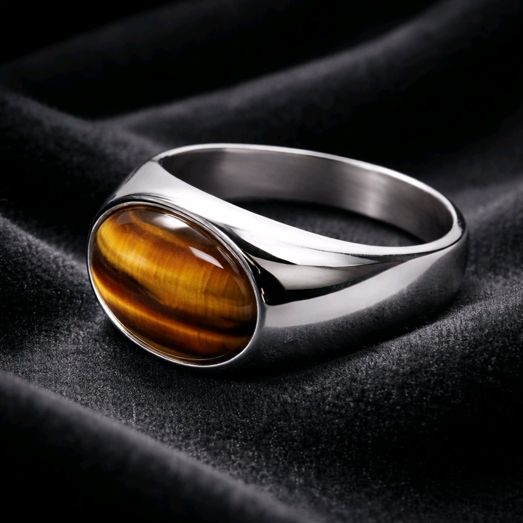 Plata Ojo Tigre Piedra Preciosa Anillo En Acero Inoxidable para Mujeres Y Hombre