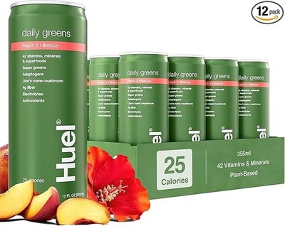 Huel Daily Greens | Peach Hibiscus Superfood Greens | 12 Fl Oz, 12 Pk