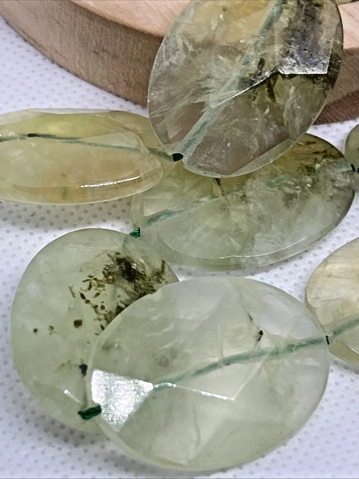 Prehnit Perlen Oval Facettiert Mit Loch 13 Stück 30 mm Edelstein Kristall DIY - Bild 3 von 4