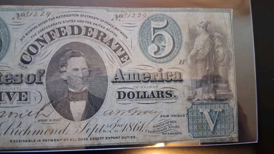 1861 Confederate States Currency T-33 $5 Plate H Legacy VF 25 Cancelled Net - Image 4 of 4