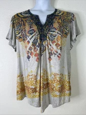 Signature Studio Womens Plus Size 2X Boho Sublimation Stretch Top Short Sleeve