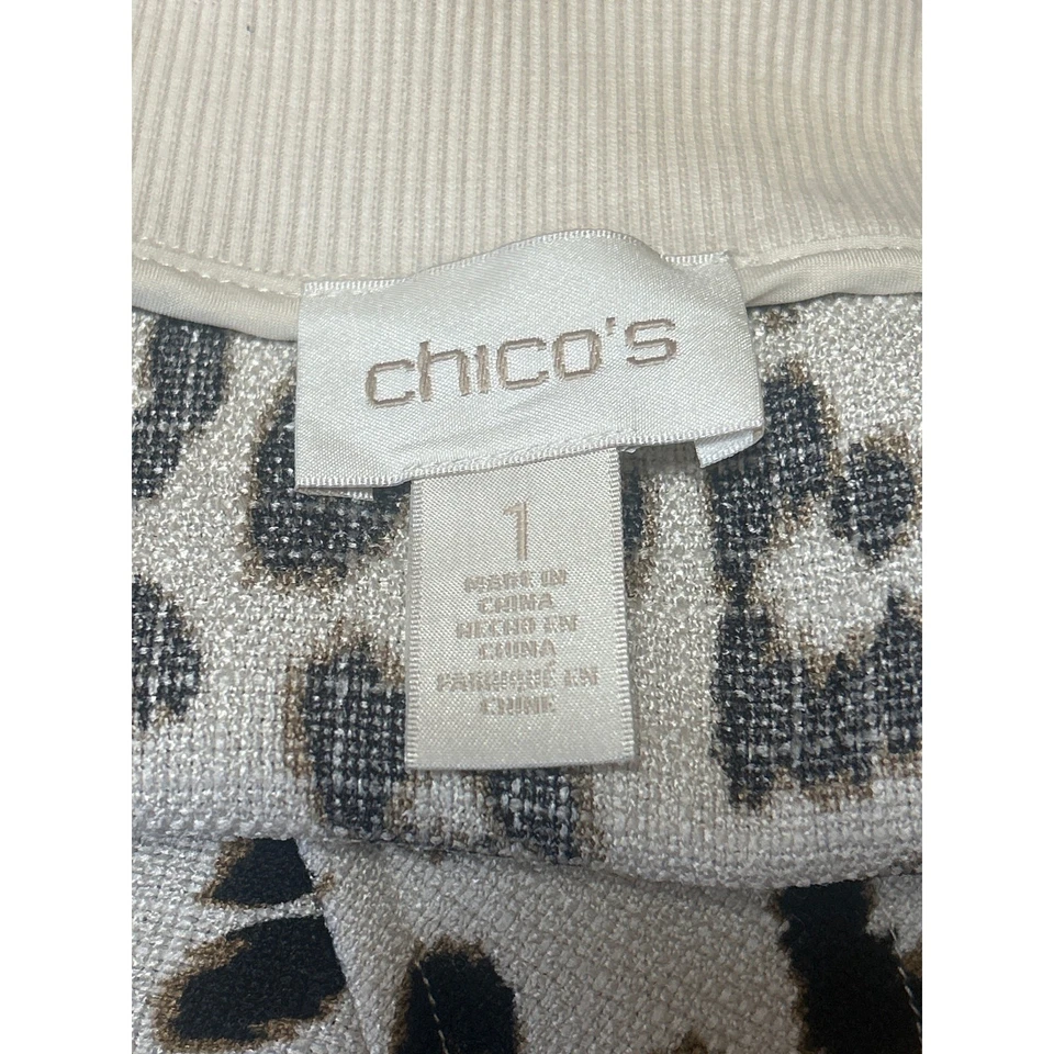 Cárdigan suéter Chico's negro crema manga larga tejido leopardo cremallera talla 1 Foto 4 de 4