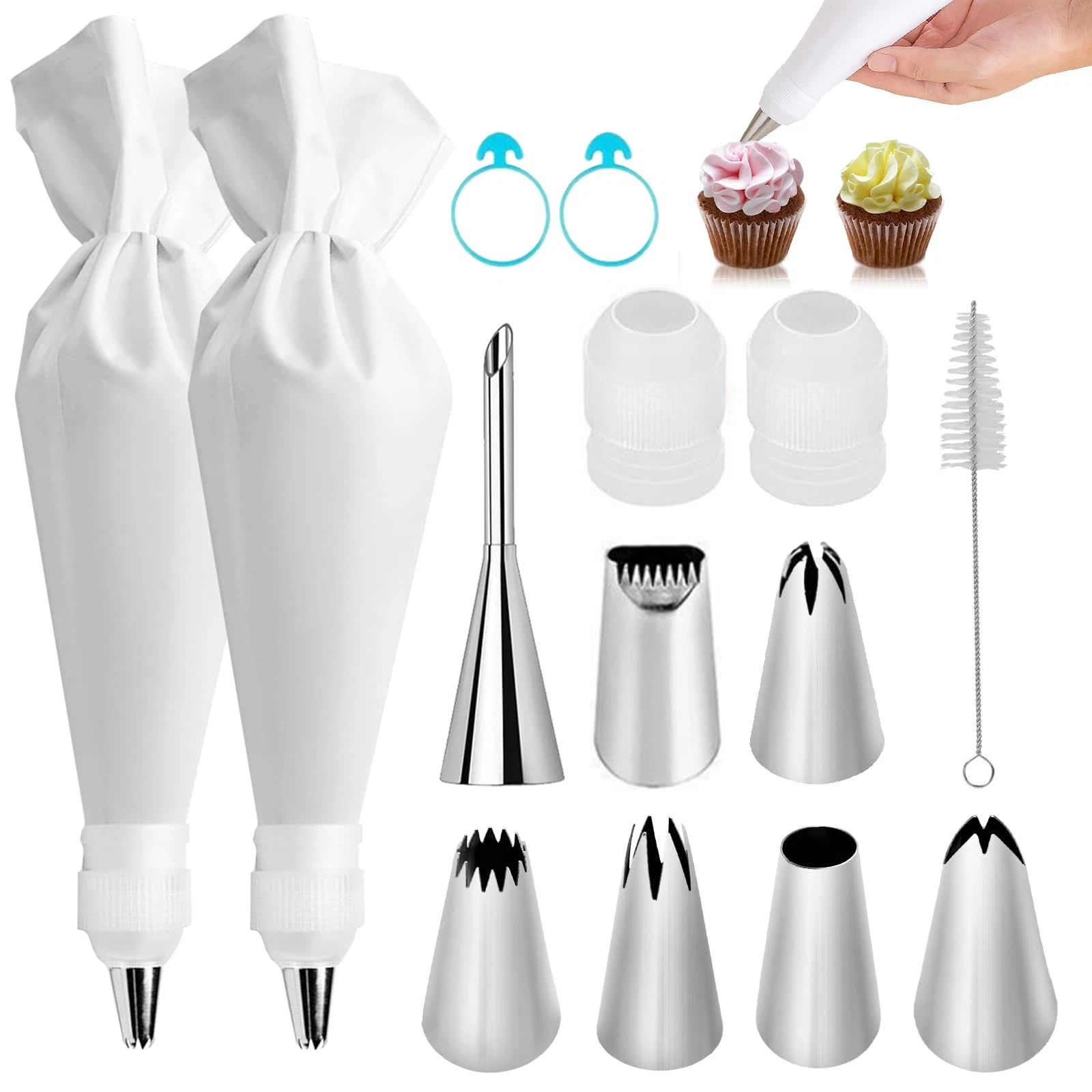 14-Piece Reusable Piping Bags and Tips Set- Cotton Baking Kit with Coupler, S...