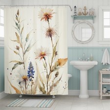 Wildflower Shower Curtain Beige Blue Floral Fabric Nature Bathroom Decor