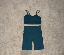Kids Green Ribbed 2pc Activewear Set Sports Bra  Shorts S 6/6X 