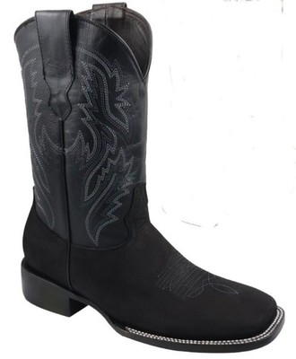 Genuine Nobuck Suede Leather Square Toe Western Cowboy Handcrafted Boots - Black