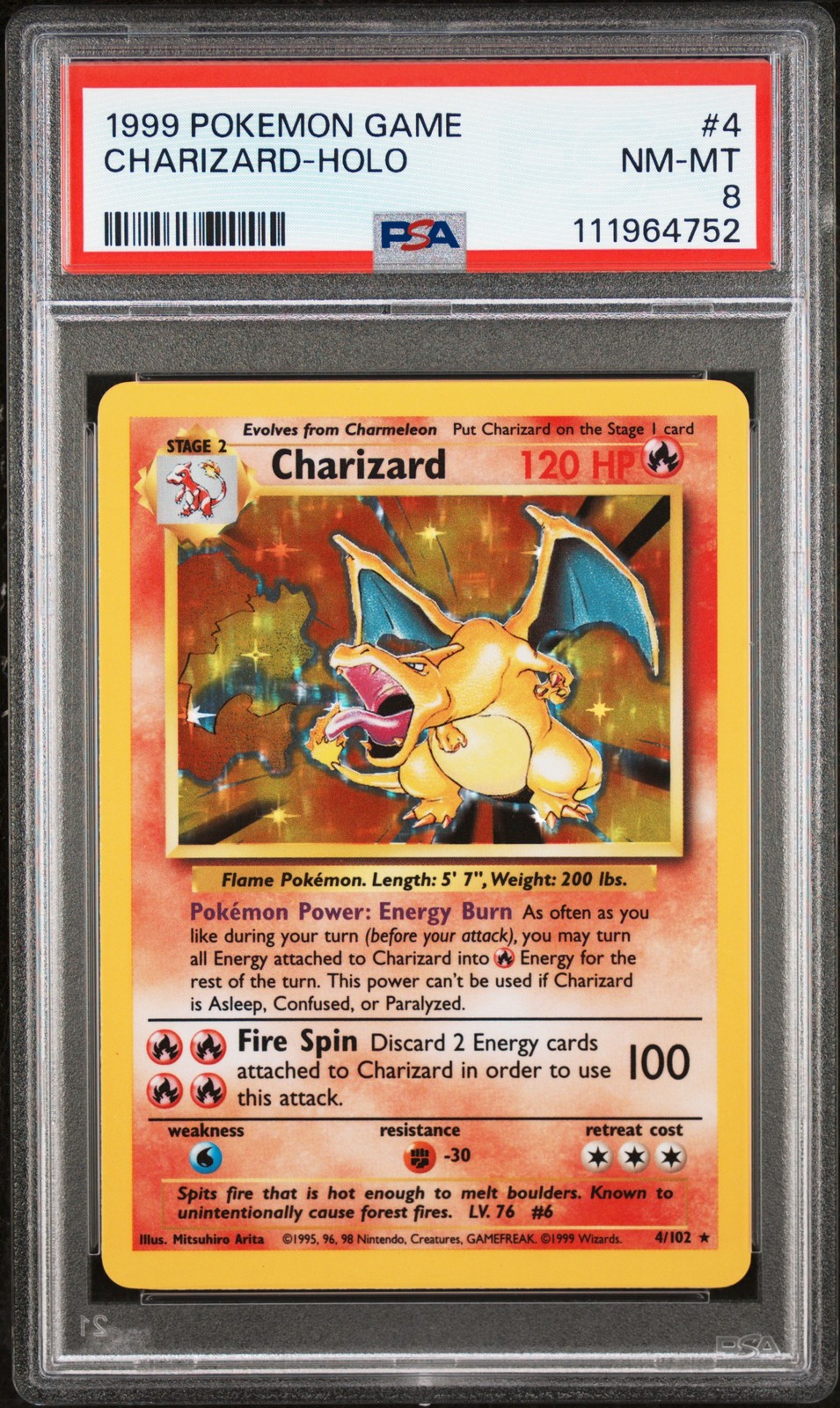 1999 POKEMON BASE SET UNLIMITED #4 CHARIZARD-HOLO PSA 8