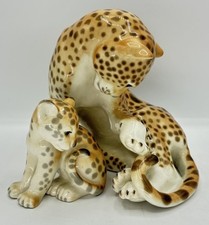 Lomonosov Porcelain Leopard USSR ERA Large Cheetah With CUB RARE SET - 7 Inch