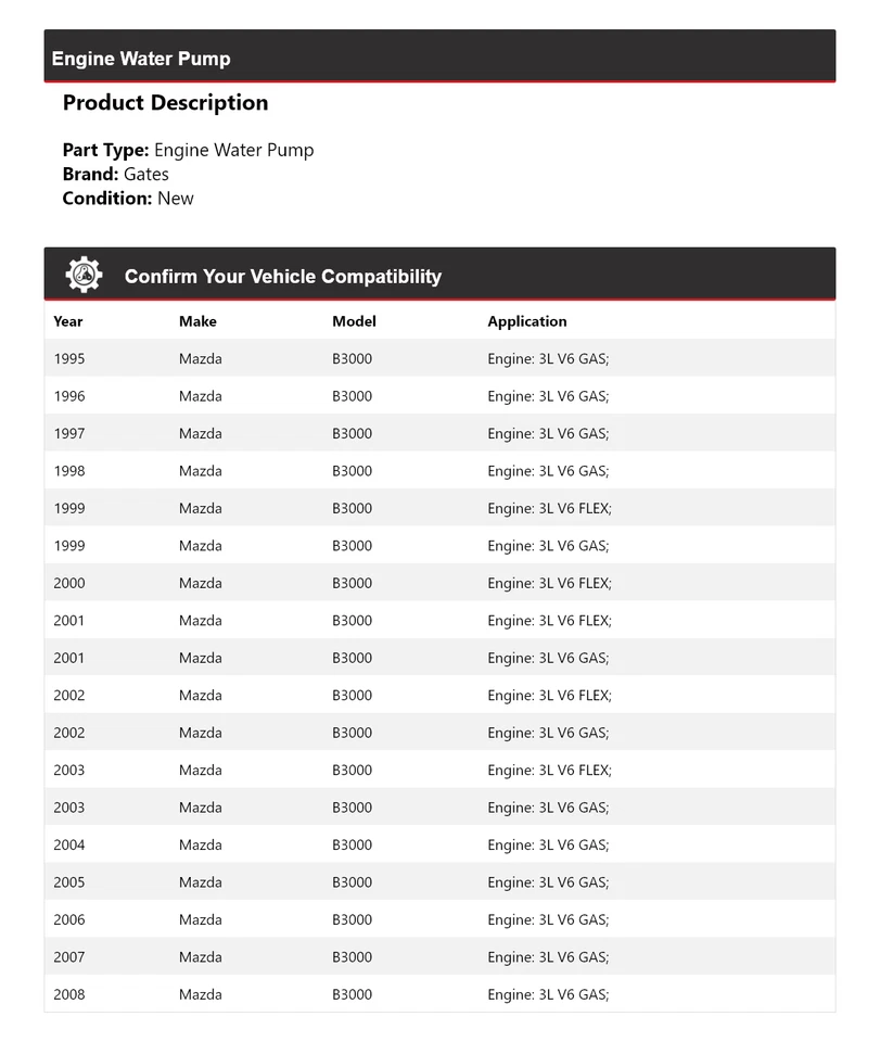 Para Mazda B3000 1995-2008 Motor Bomba Agua Puertas 1996 1997 1998 1999 2000 2001 Foto 2 de 4