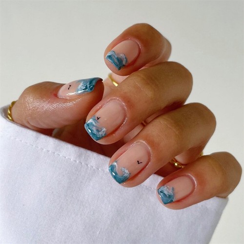Summer Ocean Waves Fake Nail Square Press on Nails for Nails Art Maniure 24pcs - Bild 3 von 5