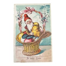 Vtg Gnome With Chick And Eggs In Basket Postcard Easter Greetings Germany 1900 s
